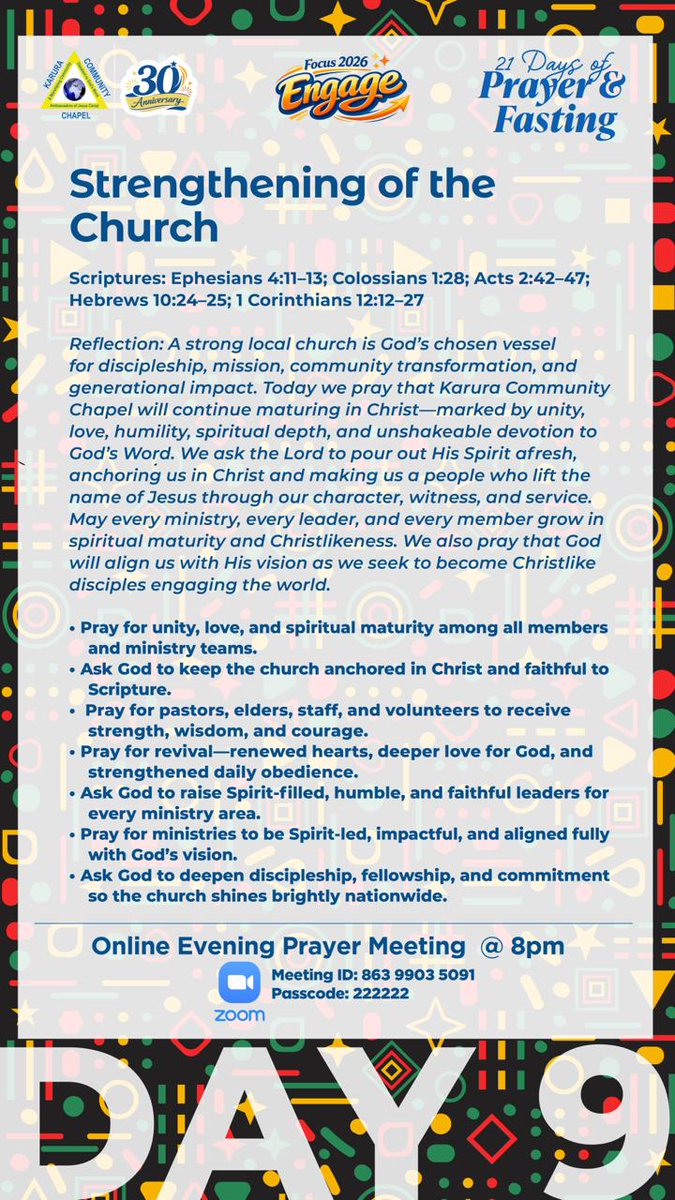 KaruraCC's tweet photo. Good evening, 

Please find the Day 9 guide for our 21 Days of Prayer and Fasting.

We will meet at 8pm for our Online corporate Prayers using this zoom link : https://t.co/Wj5xp2nLkZ

*Meeting ID*: 863 9903 5091
*Passcode*: 222222 https://t.co/pBeItvKPAB