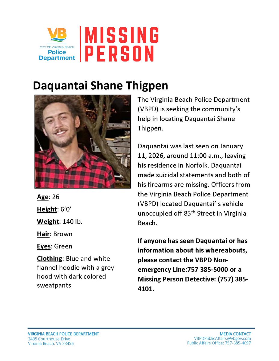 VBPD's tweet photo. Missing Person Alert - Virginia Beach, VA  

Have you seen this missing adult? If you have any information about this person's whereabouts, please contact a VBPD Missing Person Detective: (757) 385-4101 or the VBPD Non Emergency Line: (757) 385-5000.
#VBPD #vbpdalert https://t.co/0M8GpamiGi
