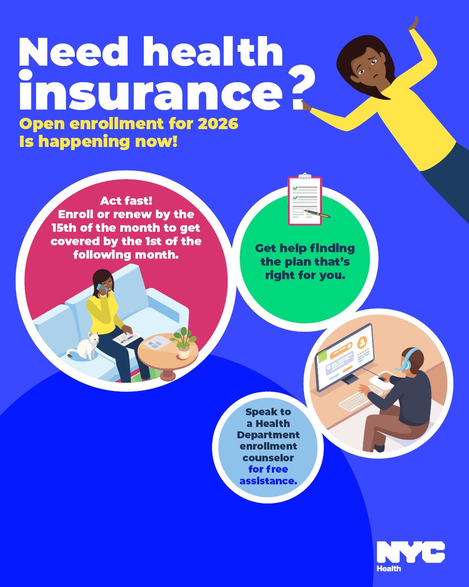nycHealthy's tweet image. Start 2026 off protected with health coverage! #OpenEnrollment is now through January 31. 

If you need help signing up or renewing your Qualified Health plan, we’re here to help. For free assistance, speak with one of our enrollment counselors at on.nyc.gov/healthinsurance
