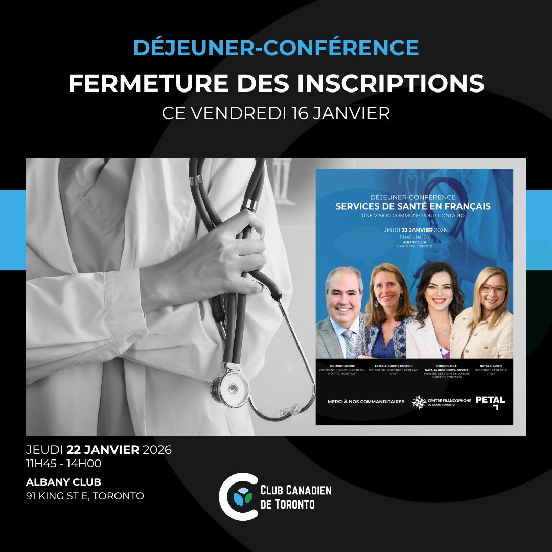 ClubCanadienTO's tweet image. ⏳ Le compte à rebours est lancé.

🎟️ Derniers billets disponibles ici : [lnkd.in/ez4B7dVN]

Merci à nos commanditaires @CentrefrancoT (CFGT) et Petal.

#ClubCanadien #Sante #Toronto #DerniereChance #Reseautage #Francophonie