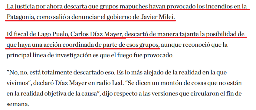 MartnPeiretti1's tweet image. 🚨AHORA🚨 El Fiscal de Chubut acaba de negar rotundamente que grupos Mapuches esten vinculados a los incendios como acusó Milei y sus periodistas ensobrados. 
Claramente estos incendios estan vinculados a negocios inmobiliarios de empresarios muy cercanos al gobierno de Milei.