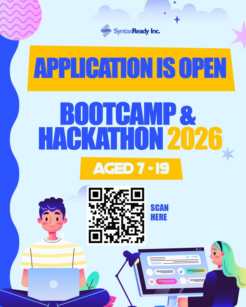 syntax_ready's tweet photo. Applications are now open for the SyntaxReady Academy July 2026 Bootcamp
A free learning experience for curious minds ages 7–19 to learn, build, and grow with technology. Slots are limited. Know a child or teen who loves to explore and create?
👉Apply now: https://t.co/iKFXMjBvy5 https://t.co/XjkQkccnc6