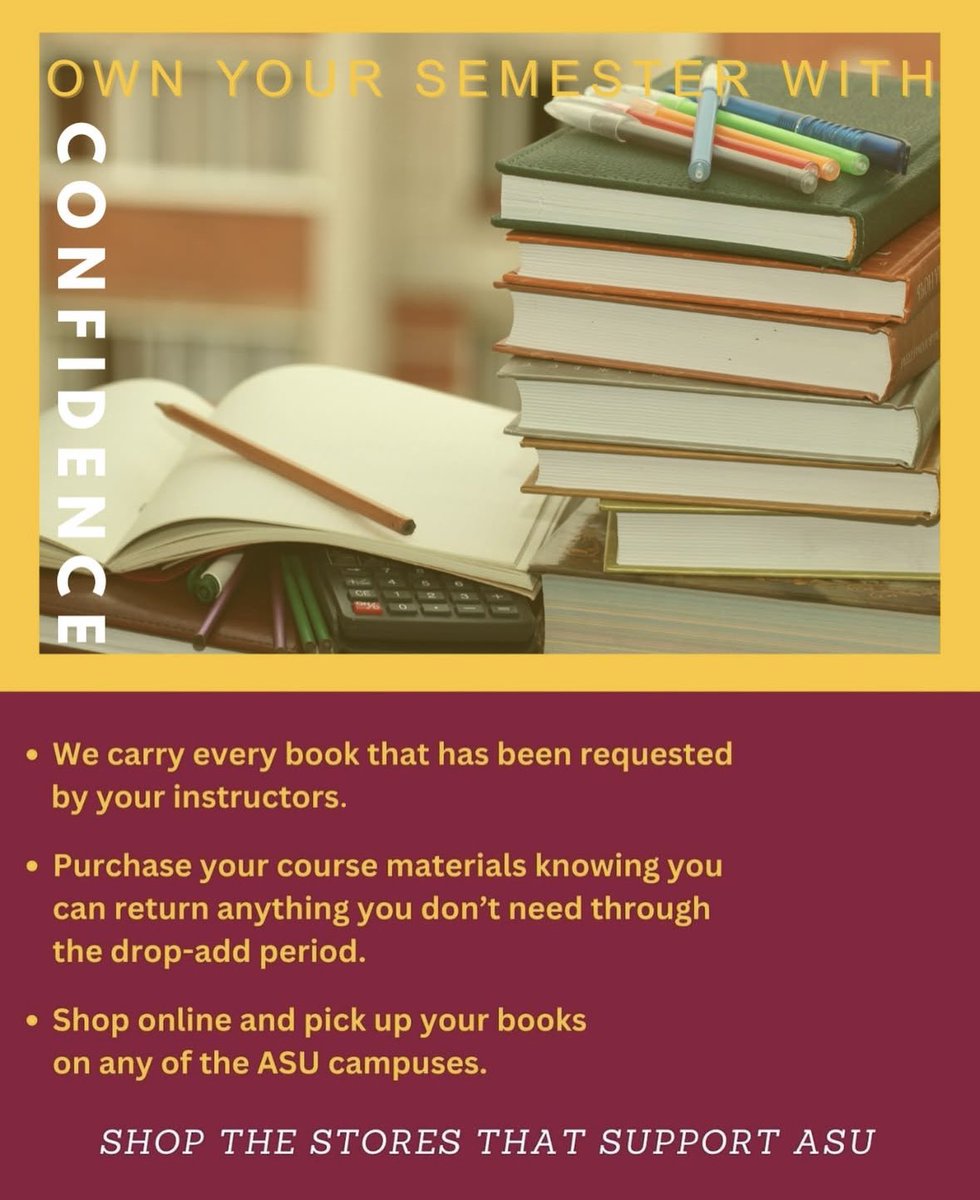 Get everything you need to succeed this semester! Visit your local Sun Devil Campus Store or click below to shop online. 

bkstr.com/arizonastatest…
