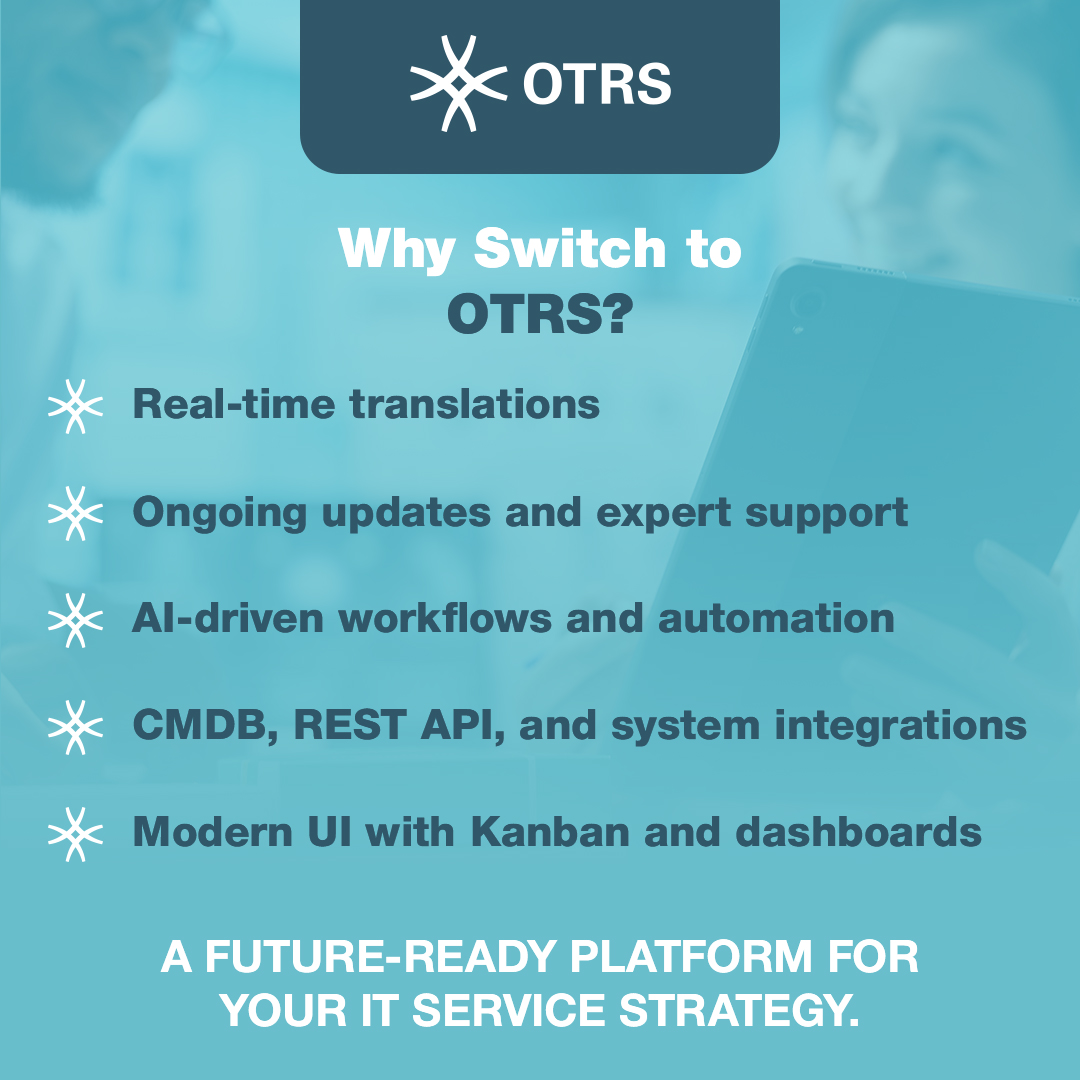 Still on the OTRS Community Edition? 

See what changes when you move to a managed, modern ITSM platform.

Make the switch today! otrs.com/blog/otrs-comm…

#OTRSCommunityEdition