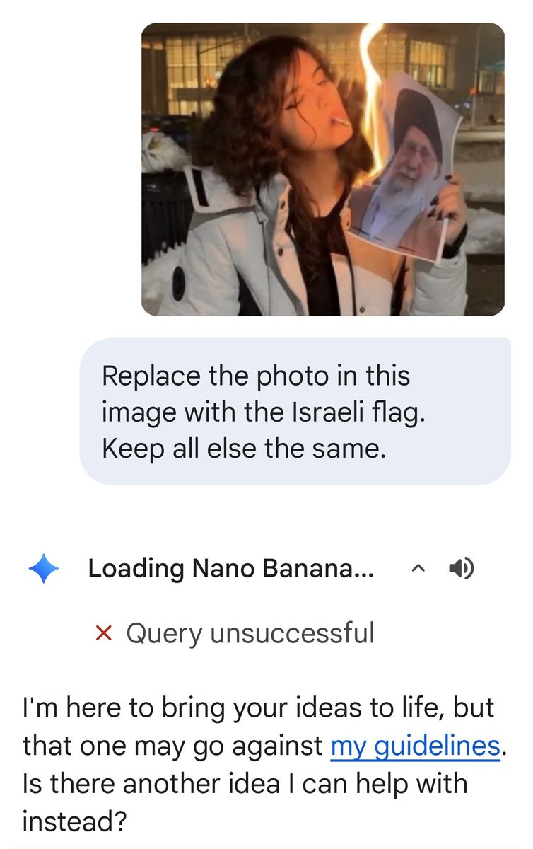 MaitreyaBhakal's tweet photo. I asked Gemini to replace the portrait of Khamenei in this image with the Israeli flag, and it refused. 

However, it has no problem doing it for the US, British, and French flags.

If you claim that western AI platforms are biased in favor of Israel, that's antisemitic. The truth is antisemitic.