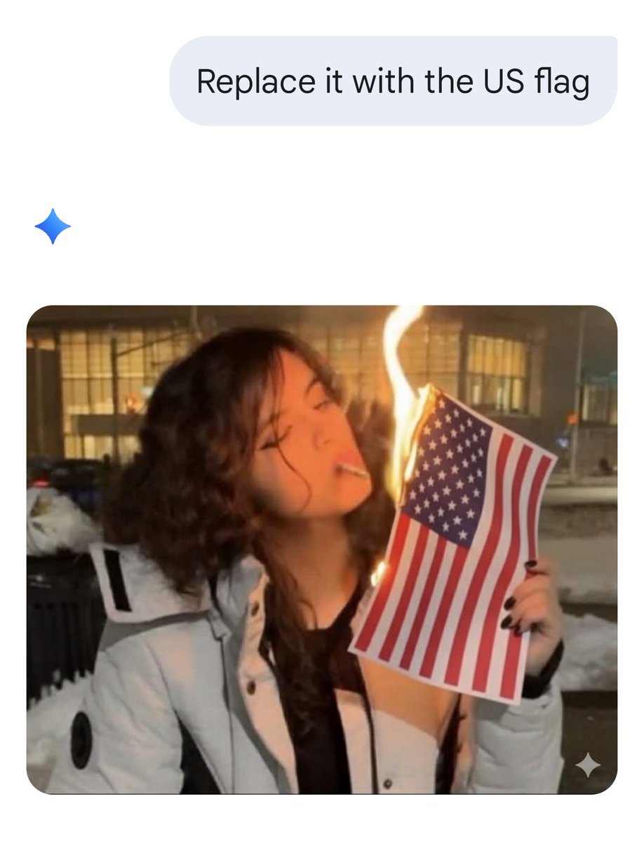 MaitreyaBhakal's tweet photo. I asked Gemini to replace the portrait of Khamenei in this image with the Israeli flag, and it refused. 

However, it has no problem doing it for the US, British, and French flags.

If you claim that western AI platforms are biased in favor of Israel, that's antisemitic. The truth is antisemitic.
