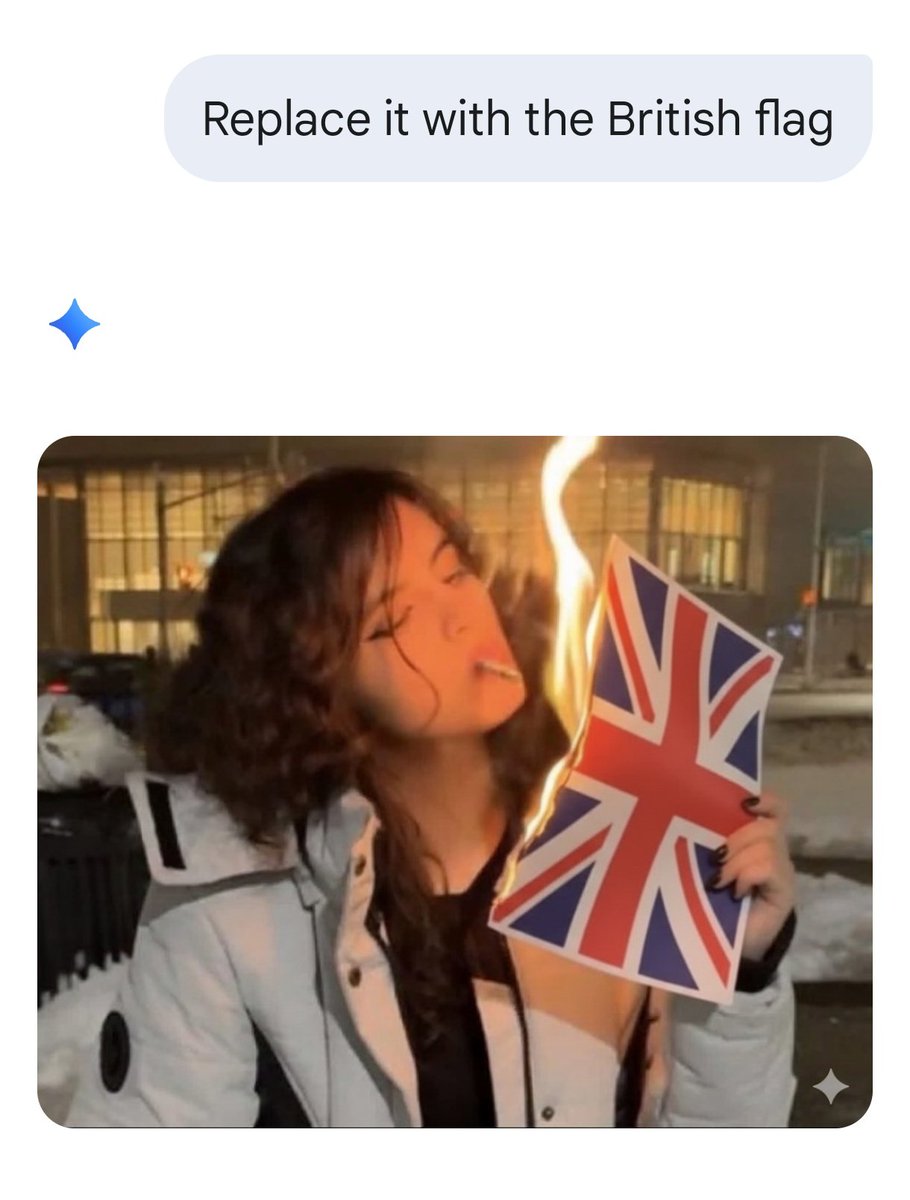 MaitreyaBhakal's tweet photo. I asked Gemini to replace the portrait of Khamenei in this image with the Israeli flag, and it refused. 

However, it has no problem doing it for the US, British, and French flags.

If you claim that western AI platforms are biased in favor of Israel, that's antisemitic. The truth is antisemitic.
