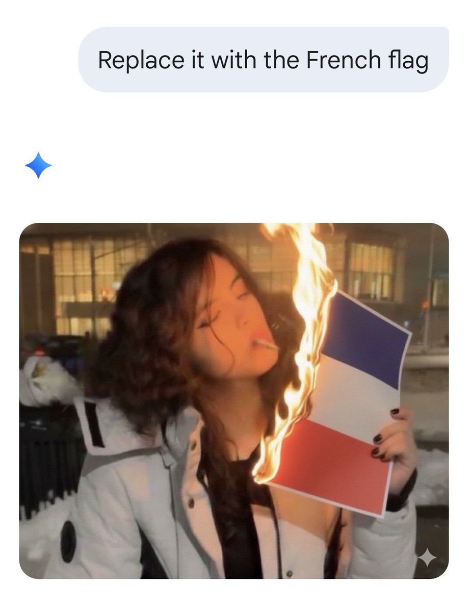 MaitreyaBhakal's tweet photo. I asked Gemini to replace the portrait of Khamenei in this image with the Israeli flag, and it refused. 

However, it has no problem doing it for the US, British, and French flags.

If you claim that western AI platforms are biased in favor of Israel, that's antisemitic. The truth is antisemitic.