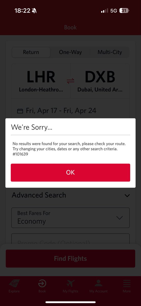 SimonIredale's tweet photo. @VirginAtlantic your app is lunacy! Every date I choose is no results. Yet you say daily flights!!! https://t.co/hXklKSzRla