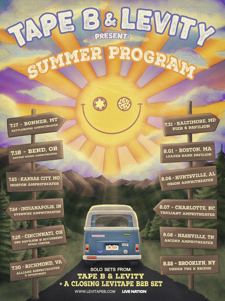 LevityMusic's tweet photo. Levity x Tape B present: Summer Program, our co-headline amphitheater tour this summer! It’ll feature:

- Tape B solo set
- Levity solo set
- Levity b2b Tape B set

All in one night!

Sign up for pre-sale here: https://t.co/ZLXG0QeRsK 

Pre-sale goes live 01/15 @ 10am local time https://t.co/401jdz2TxL
