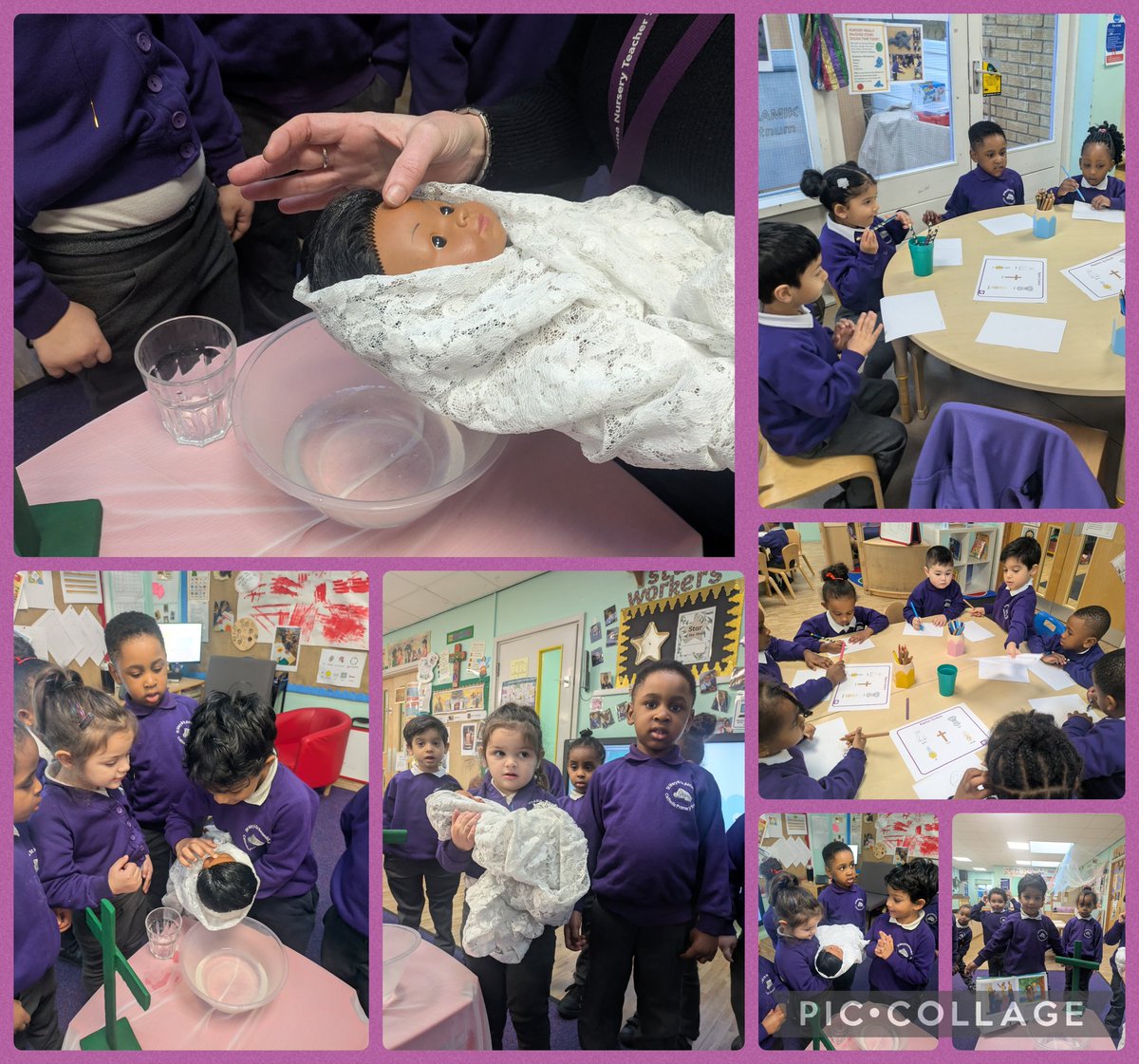 StMaryStBen's tweet photo. Today in Nursery, children explored the sacrament of Baptism through role play and creative artwork. They acted out a baptism, learning about welcoming into God’s family, and expressed their understanding through drawings. ✝️
#CatholicEducation #PlayingIsLearning #Baptism https://t.co/qjRqyZaBOX