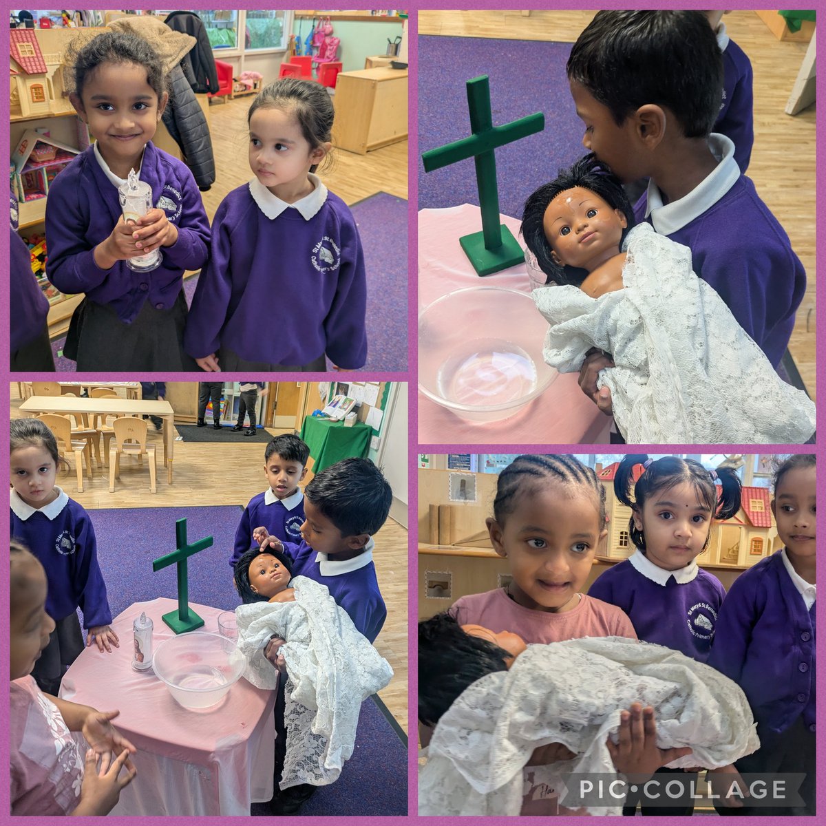 StMaryStBen's tweet photo. Today in Nursery, children explored the sacrament of Baptism through role play and creative artwork. They acted out a baptism, learning about welcoming into God’s family, and expressed their understanding through drawings. ✝️
#CatholicEducation #PlayingIsLearning #Baptism https://t.co/qjRqyZaBOX