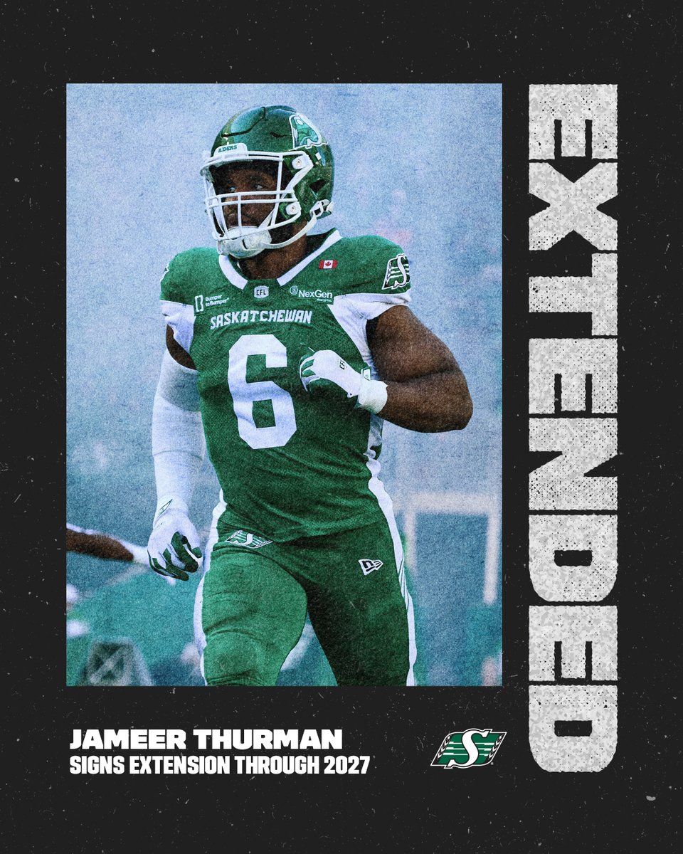 CFL's tweet photo. The Roughriders lock in LB Jameer Thurman with a one-year extension, keeping him in Green and White through 2027! 

#CFL https://t.co/IuEv5tZomG