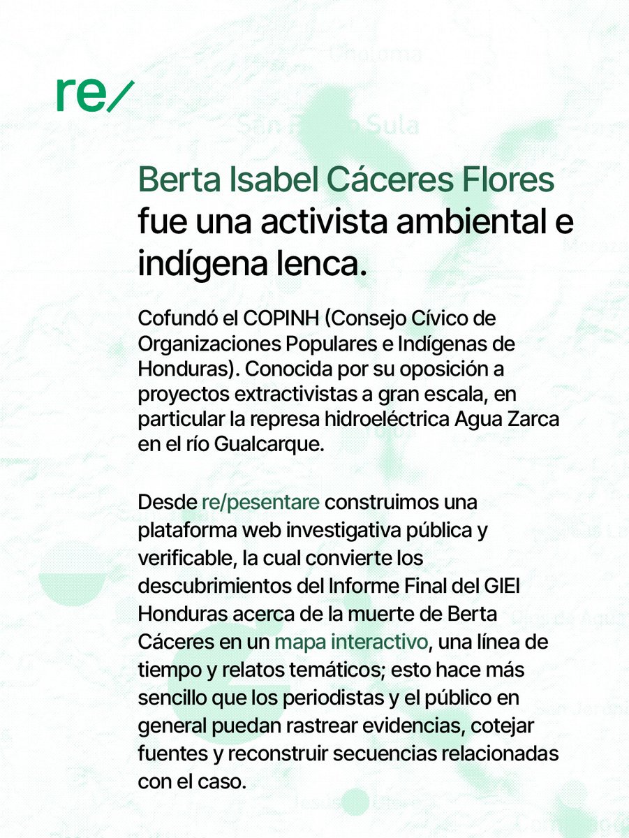 representare's tweet photo. ¿Quién fue Berta Cáceres?

En el marco del lanzamiento de la plataforma https://t.co/2uZXyf7kN6 recordamos su lucha en defensa del territorio lenca y del medio ambiente. Su voz continúa replicando en cada rincón de latinoamérica.
#BertaCaceres #JusticiaParaBerta #COPINH https://t.co/8t3337eTPX