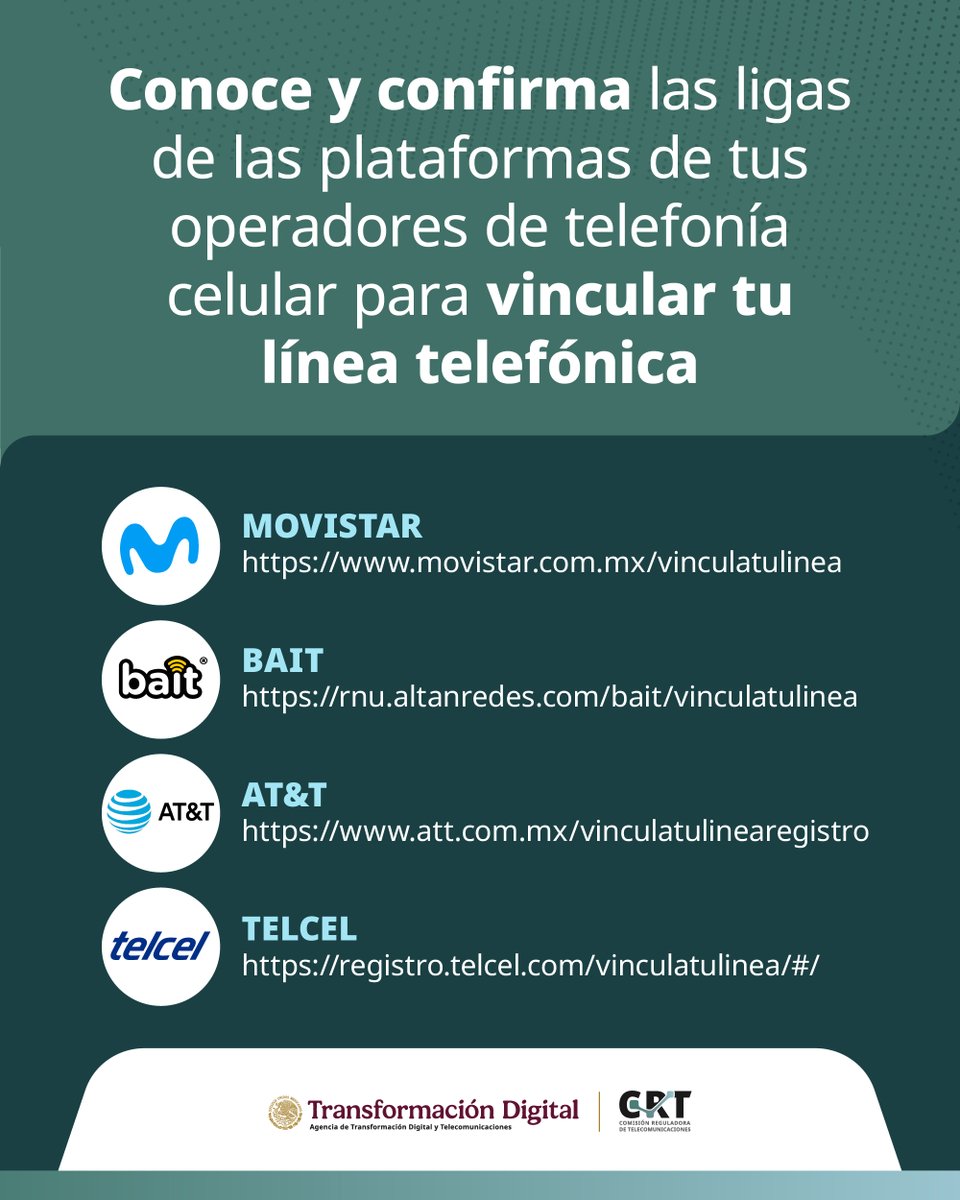 CRTGobMX's tweet photo. 📣 ATENCIÓN📣

Antes de realizar tu proceso de #VinculaciónDeLíneaMóvil, verifica la liga de tu operador.

⤵️⤵️ https://t.co/eEDnVByCKx
