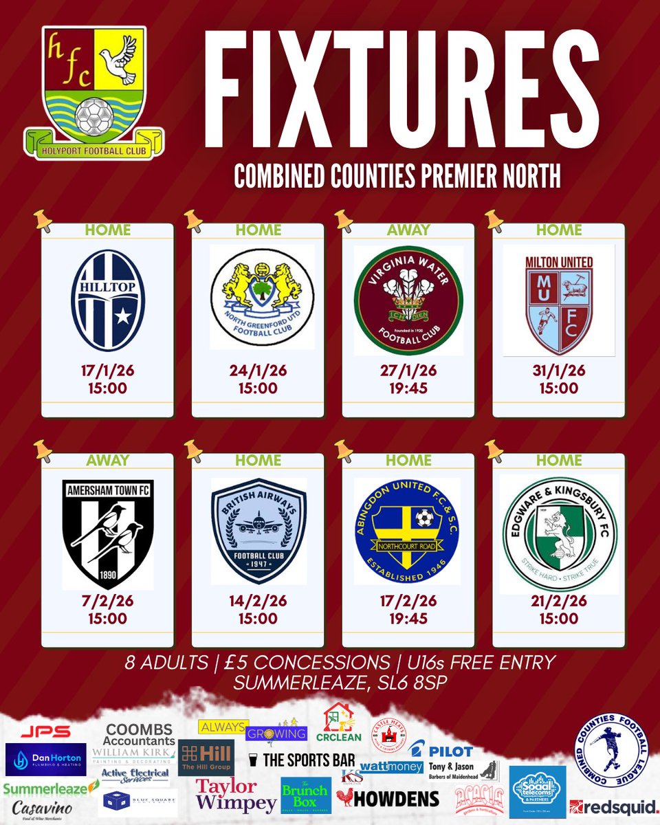 HolyportFC's tweet image. Here's a look at our next 8 fixtures to take us through to the end of Feb, with 6 taking place at Summerleaze 👀

@fc_hilltop
@NGUFC
@vwfcofficial
@MiltonUnited
@AmershamTownFC
@Abutdfc
@E_K_FC

#HolyportFC #proudtobeseen @comcofl @fiberkshire #step5 #danhortonplumbingandheating