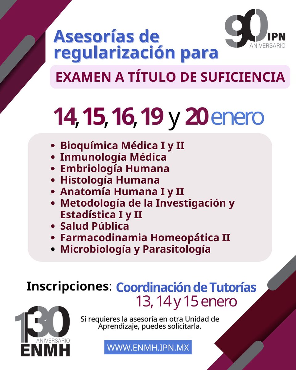 📷Comunidad estudiantil

Te invitamos a inscribirte a las asesorías de regularización, que se impartirán el 14, 15, 16, 19 y 20 de enero, como apoyo para presentar tu Examen a Título de Suficiencia.

📷Inscríbete: 13 al 15 de enero, Coordinación de Tutorías, junto al Gimnasio.