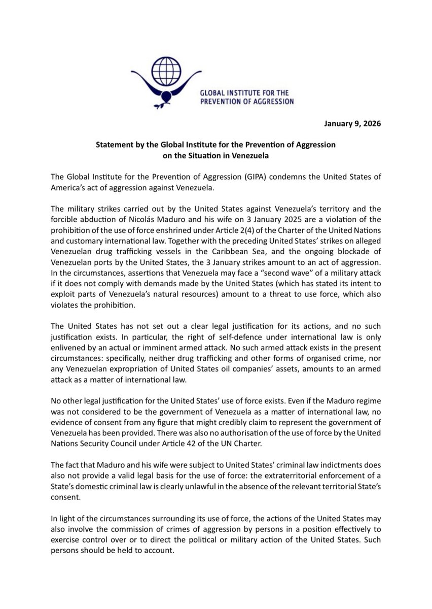GIPAAggression1's tweet photo. The Global Institute for the Prevention of Aggression condemns the United States of America’s act of #aggression against #Venezuela. https://t.co/gB3QlFgSKz