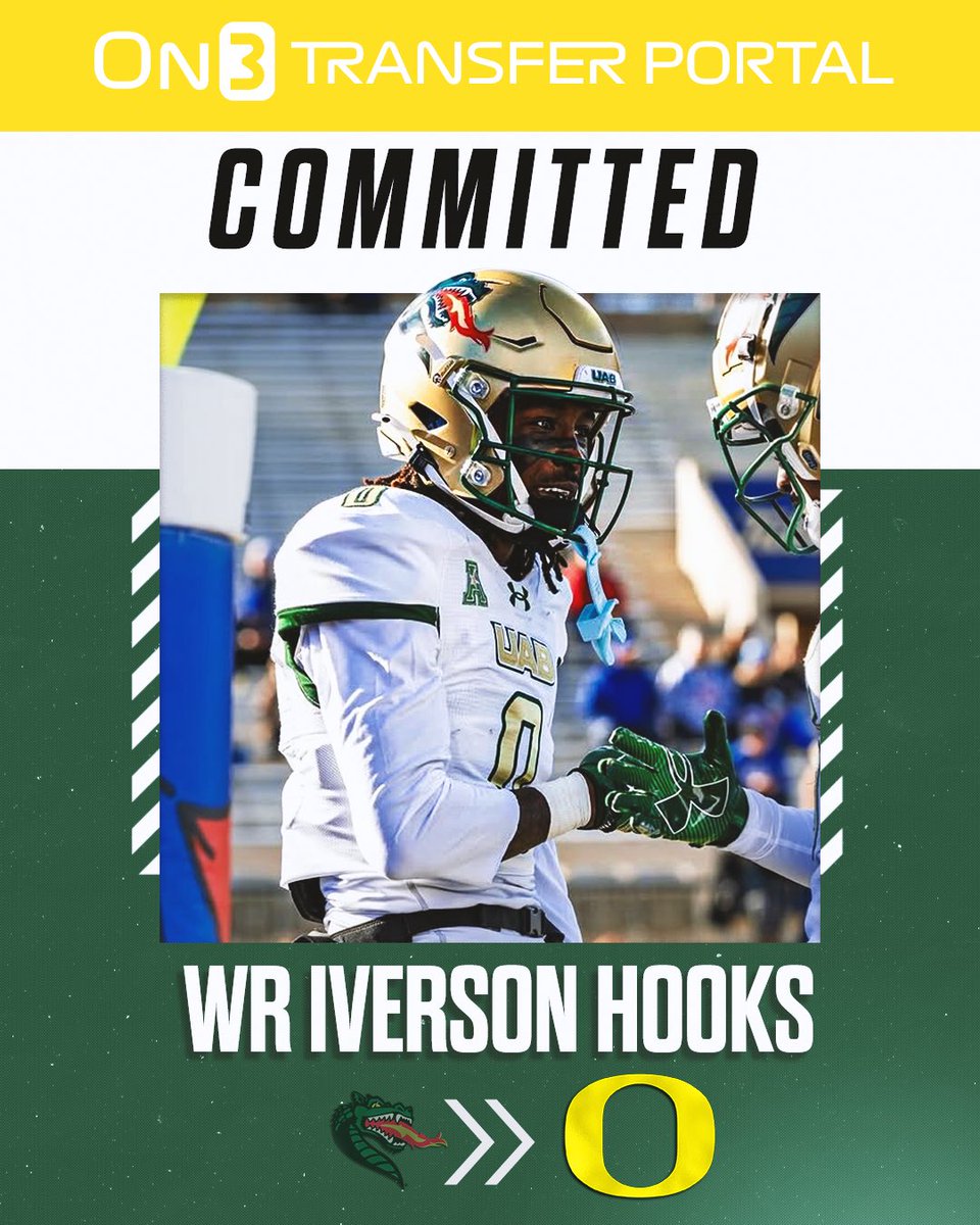 TransferPortal's tweet image. BREAKING: UAB transfer WR Iverson Hooks has committed to Oregon, @Hayesfawcett3 reports🦆

on3.com/college/oregon…