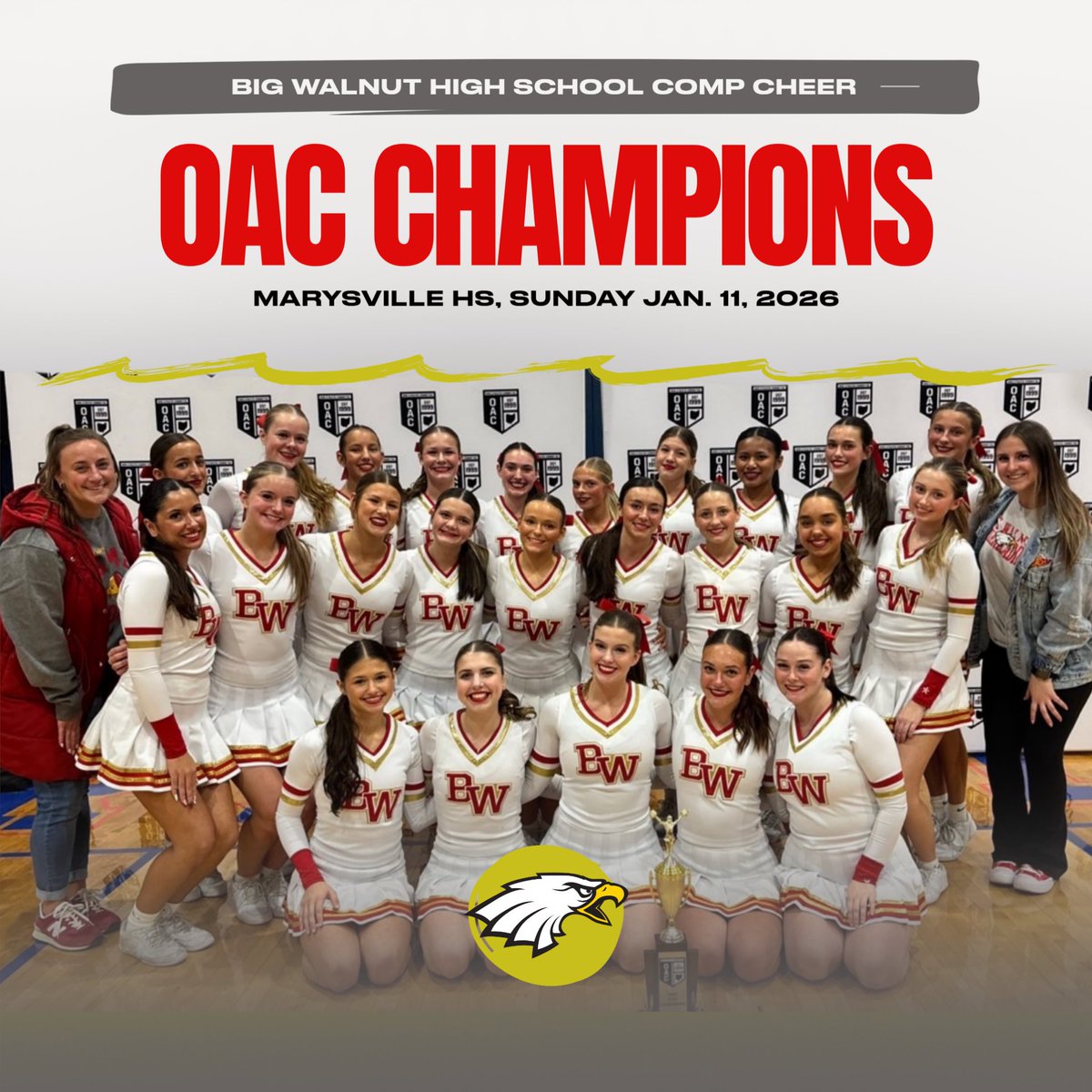 BigWalnutEagles's tweet photo. 🏆 CHAMPIONS! 🏆
Congratulations to Big Walnut HS Competition Cheer on winning the OAC Championship on Sunday, Jan. 11, 2026, at Marysville High School!
Outstanding performance and hard work—way to represent! 💚🤍
#BigWalnut #EaglePride #OACChampions #CompCheer https://t.co/52k5hG59IX