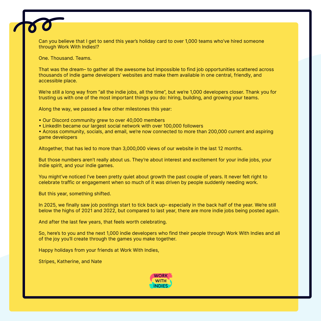 WorkWithIndies's tweet photo. Some good news:

Our annual letter (below) shared that we saw more jobs in 25 than 24 after 2 years of declines.

We're only a few days in &amp; I'm absolutely knocking on wood rn, but January is up 53% YoY so far!

If there's light at the end of this tunnel, it just got brighter. https://t.co/hBSkktF1cw