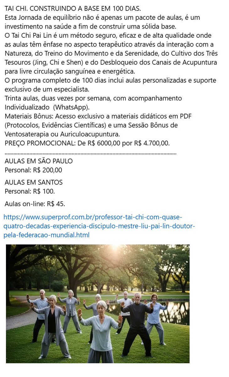 TradMedisin's tweet photo. Jornada de Equilíbrio TAI CHI
O Tai Chi Pai Lin é um método seguro e eficaz com ênfase no aspecto terapêutico através da interação com a Natureza, Cultivo dos Três Tesouros (Jing, Chi e Shen) e Desbloqueio dos Canais de Acupuntura.
O programa completo tem duração de 100 dias https://t.co/tTOu8jah7z