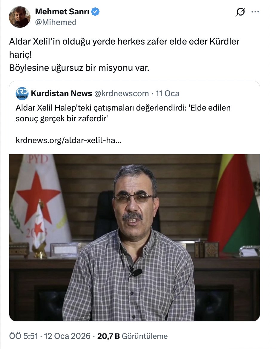 Kürt gazeteci ve araştırmacı Serbest Ferhan Sindi, "Halep'te zafer kazandık" diyen PKK'ya tepki verdi.

"PKK ve zihniyeti sırf bu yüzden Kürtler arasından ilelebet silinmeli. 

Utanmaz herif, Kürt gençlerini  bomboş "zafer" sloganları atmak için mi öldürttünüz? 

Dünyanın en boş