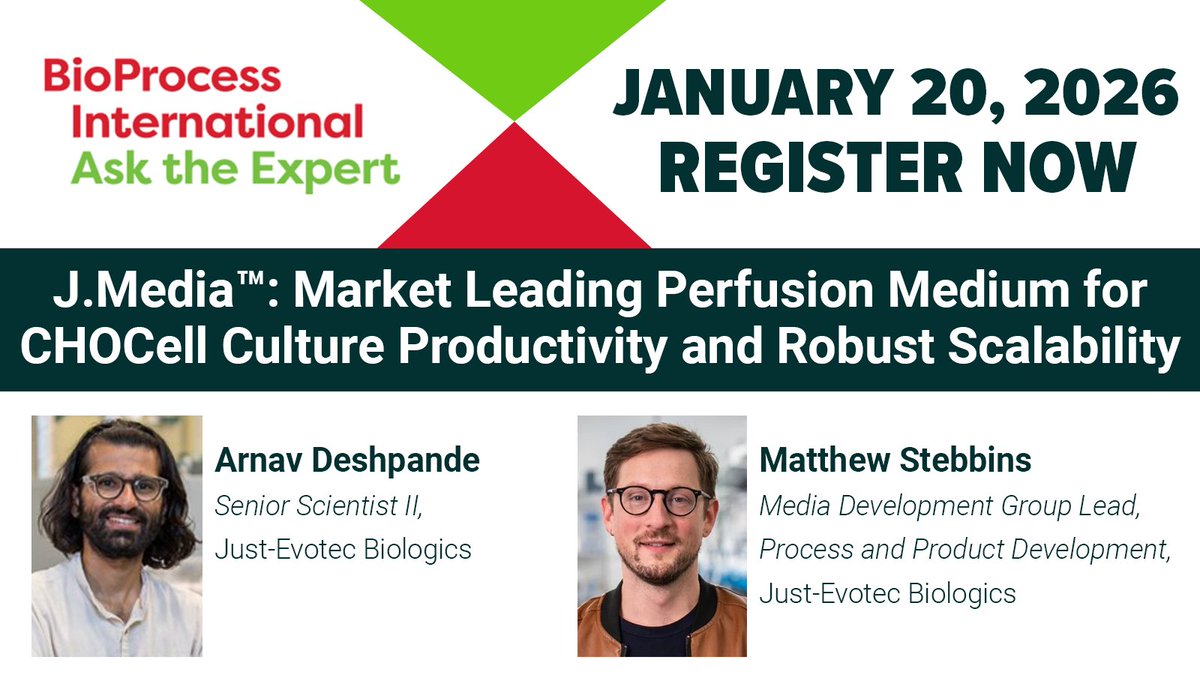 BioProcessIntl's tweet photo. Please join us for a #BPIAskTheExpert on "J. Media™: Market Leading Perfusion Medium for CHO Cell Culture Productivity and Robust Scalability."

Date: Tues. Jan. 20.

Feat: Arnav Deshpande &amp; Matthew Stebbins, Just-Evotec Biologics.

Register Now:
https://t.co/kMS5XzHbMK https://t.co/lR7EAJXlQU