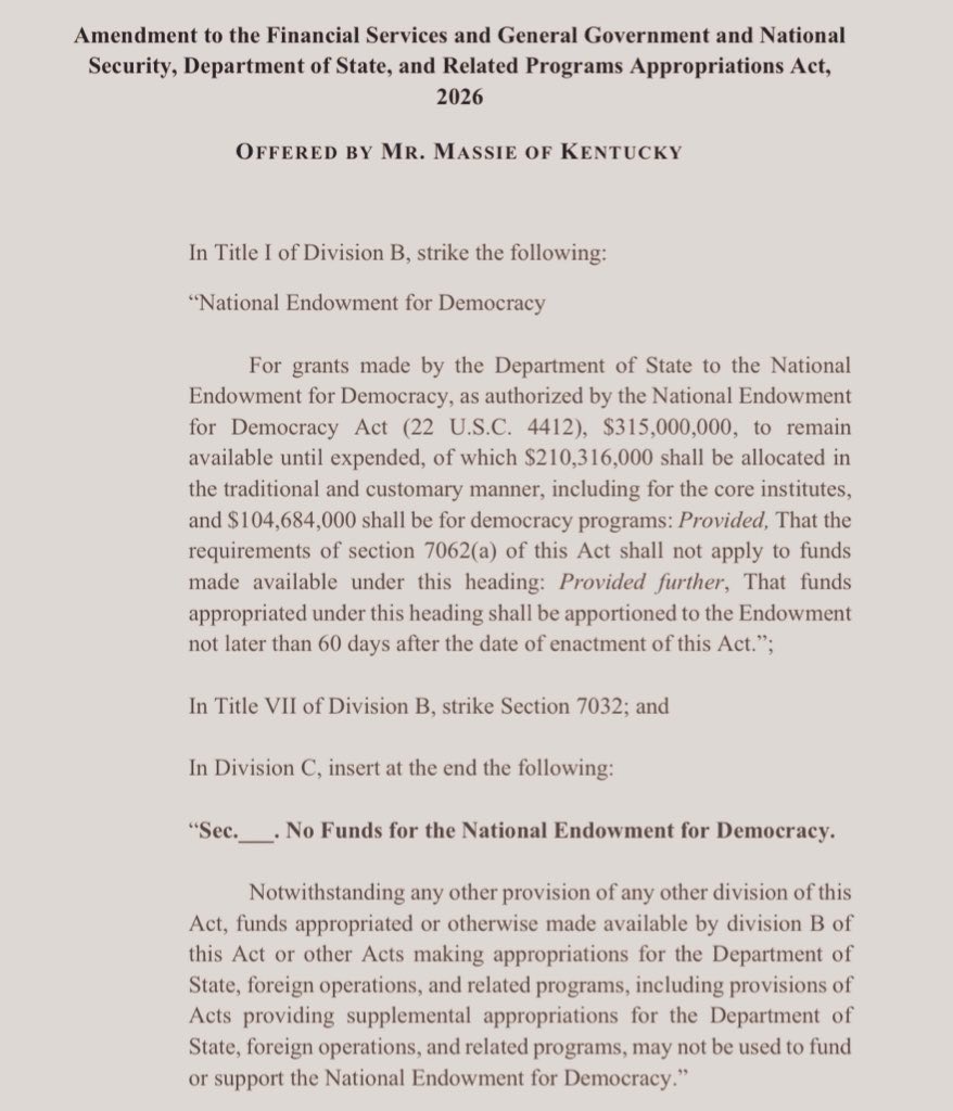 <a href="/MikeBenzCyber/">Mike Benz</a> I offered an amendment today to zero out their funding. It’s germane and in order. 

It’s in the hands of the rules committee now. If just seven of the nine republicans on the committee support this amendment, it can get a vote on the floor of the House. rules.house.gov/about/rules-co…