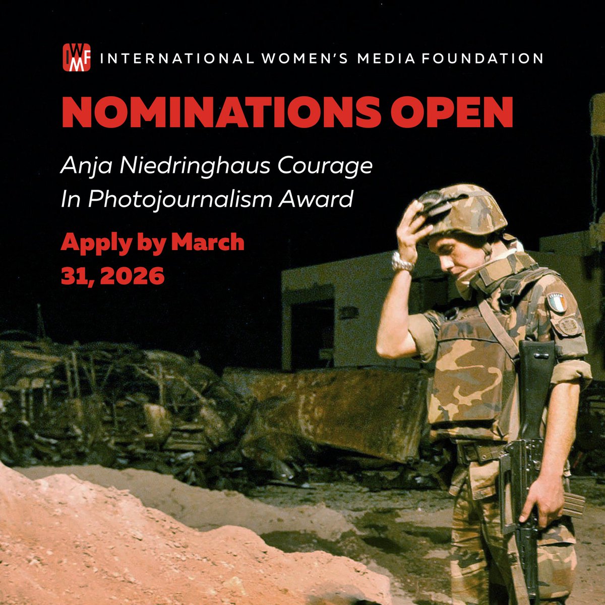 IWMF's tweet photo. Nominations are now open for the 2026 Anja Niedringhaus Courage in Photojournalism Award, recognizing women and nonbinary photojournalists who demonstrate extraordinary courage in their work. Apply via Picter by March 31:
https://t.co/dUJ1rzgA1F https://t.co/gXzMmmgcWh