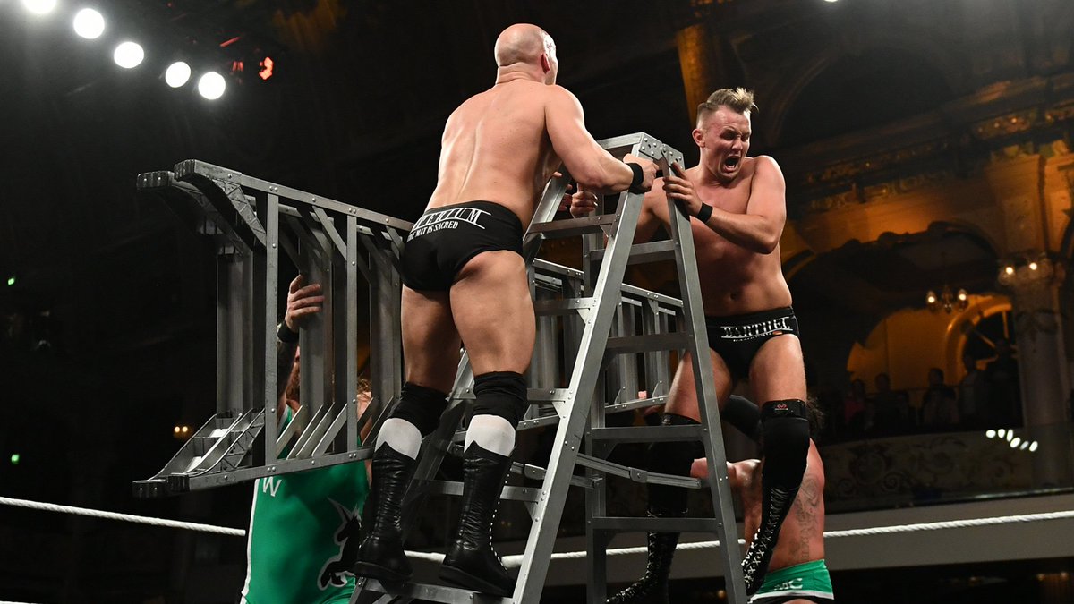 NXTUK_Legacy's tweet image. Jan. 12, 2020:

At Empress Ballroom, @m_coffey90 &amp;amp; @WolfgangYoung defeated @wwe_kaiser &amp;amp; @VinciWWE, GYV (#JamesDrake &amp;amp; @ZackGibsonGYV), and @Flash_Morgan &amp;amp; @MandrewsJunior in a Ladder Match to retain #NXTUK Tag Team Titles in the co-main event of Takeover: Blackpool II. 

📸 WWE