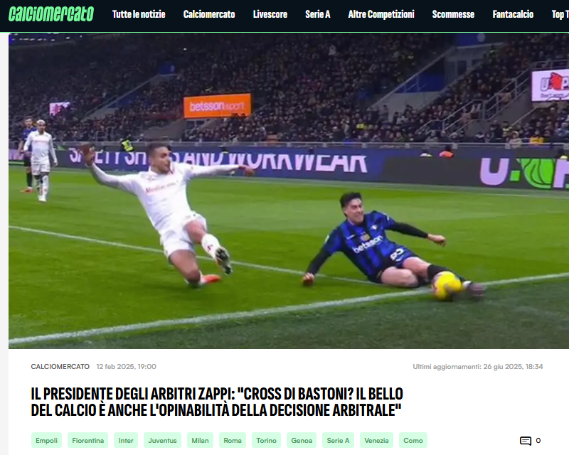 Fabio_Wallys's tweet image. Antonio Zappi, presidente dell’AIA, è oggi stato condannato a 13 mesi di inibizione per le pressioni e le minacce esercitate. 
Lo stesso Zappi difese l’indifendibile dopo il macroscopico errore su Bastoni (palla fuori non vista, dal calcio d'angolo l'Inter segno') a gennaio…