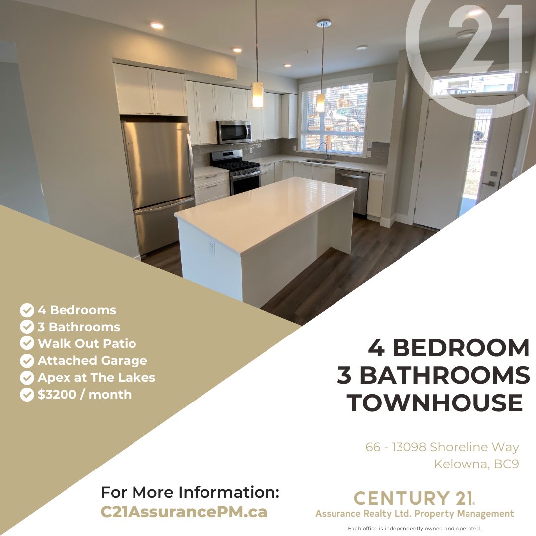 FOR RENT in #Kelowna Modern 4bed/3bath Townhouse. Available Feb 1st! Pets Welcome. For more information or to apply online, visit c21assurancepm.ca
 #kelownarentals #forrentkelowna #kelownapropertymanagement