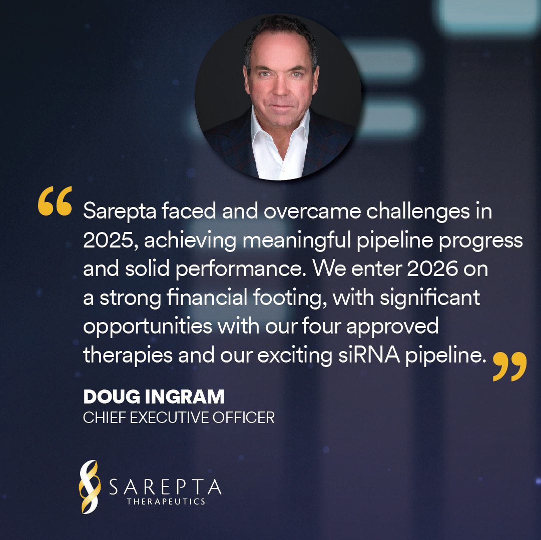 Sarepta's tweet photo. Today at #JPM26, CEO Doug Ingram discussed our preliminary Q4 and full-year 2025 performance and shared an update on corporate developments. Read more: https://t.co/NLgt8z91sK https://t.co/sQtrsI127P