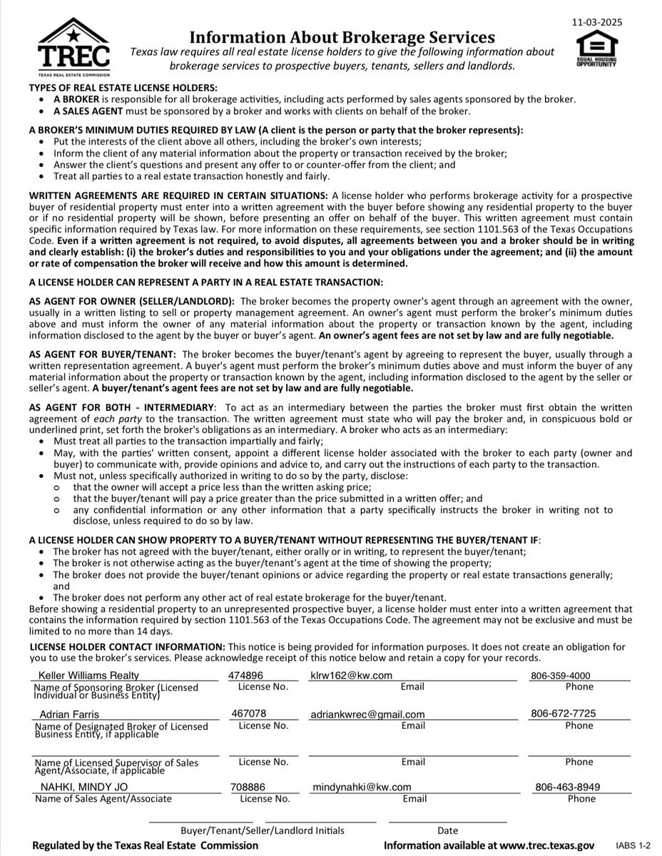 LiveAmarillo's tweet photo. As a Texas REALTOR, Texas law requires me to provide the following disclosures to all prospective buyers, sellers, landlords, and tenants: 

These documents explain your rights and help you understand how agents represent clients. https://t.co/xkWH0KWAfG