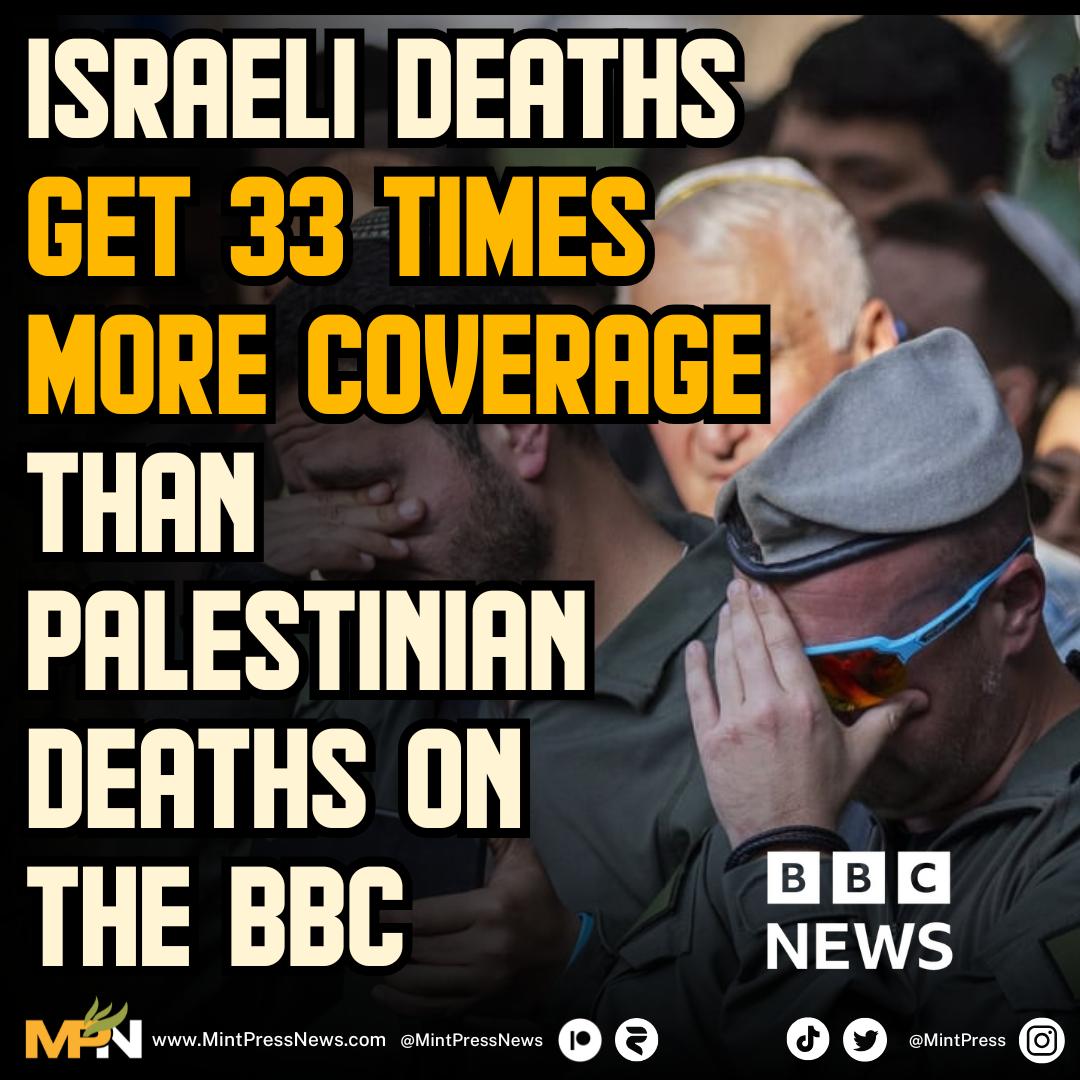 MintPressNews's tweet photo. The Centre for Media Monitoring found that the BBC gave Israeli deaths 33 times more coverage per fatality than Palestinian deaths.

The study, which analyzed over 35,000 pieces of content from October 2023 to October 2024, highlighted a stark disparity in news prioritization and framing.

While Palestinian fatalities outnumbered Israeli deaths by a ratio of 34:1 during the study period (42,010 to 1,246), BBC reports mentioned Israeli deaths 33 times more frequently per killing in written articles and 19 times more in broadcast packages.

Emotive terms such as "murdered," "slaughtered," and "atrocity" were used almost exclusively for Israeli victims. The term "murder" was applied to Israeli deaths 220 times compared to just once for a Palestinian death.

Israeli deaths were mentioned 16 times more in headlines and 30 times more in opening paragraphs on a per-fatality basis. BBC presenters shared the Israeli perspective 11 times more frequently than the Palestinian perspective (2,340 vs. 217 times).