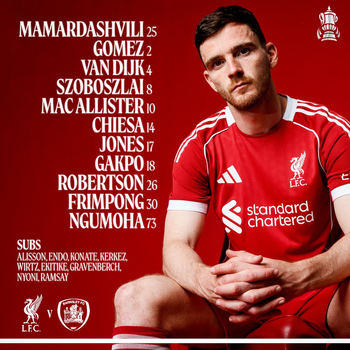 LFC's tweet photo. The Reds to take on Barnsley ✊ #EmiratesFACup