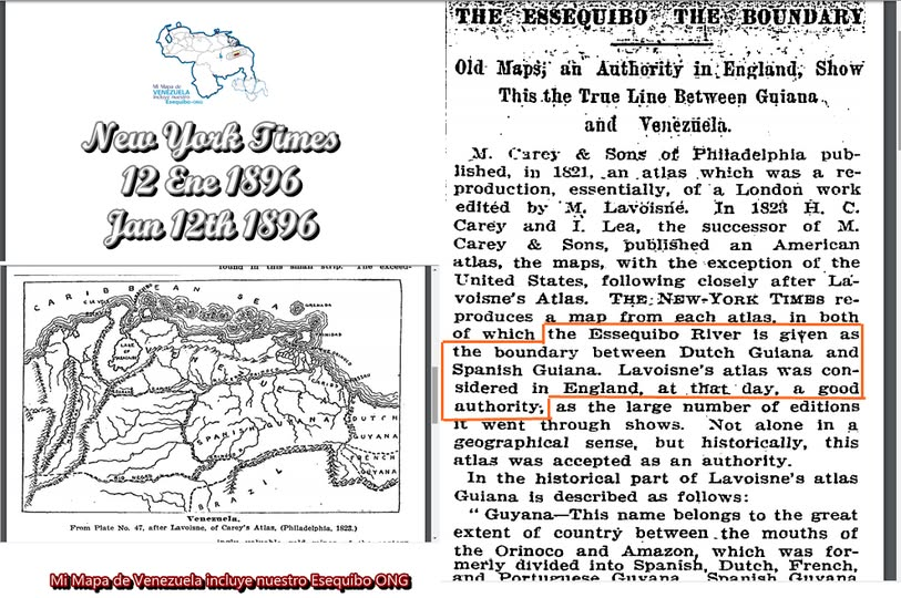 AntroCanal's tweet photo. El #12Ene 1896 el Diario The New York Times publicó un artículo sobre el Atlas Mundial "Lavoisne", publicado en Inglaterra en 1821 en donde se aprecian mapas de Suramérica cuya frontera entre Venezuela y la Guyana Británica es en el río Esequibo. Mi Mapa de Venezuela incluye nuestro Esequibo 

El artículo podemos verlo online aquí https://t.co/bXQ8vlXdSz...
El Atlas "Lavosine" fue considerado fundamental para el estudio de la cartografía por parte de Gran Bretaña y estuvo abalado por la Royal Geographical Society de Londres. era utilizado por los Reyes de la época.

Otra prueba fehaciente de que el Esequibo nos pertenece.