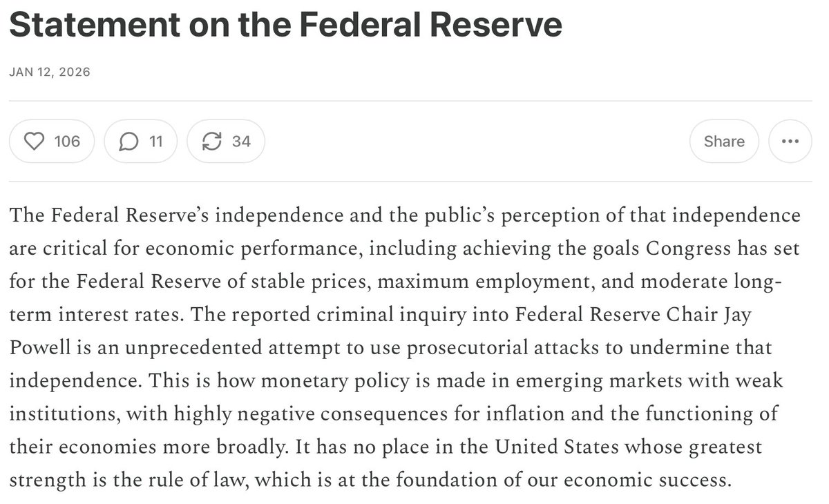 jasonfurman's tweet photo. Statement on the Federal Reserve, now updated with Senator Phil Gramm--joining every living former Fed Chair plus bipartisan former Treasury Secretaries, CEA Chairs and economists. https://t.co/SdJUj0NP72 https://t.co/NcYb5QPIHr