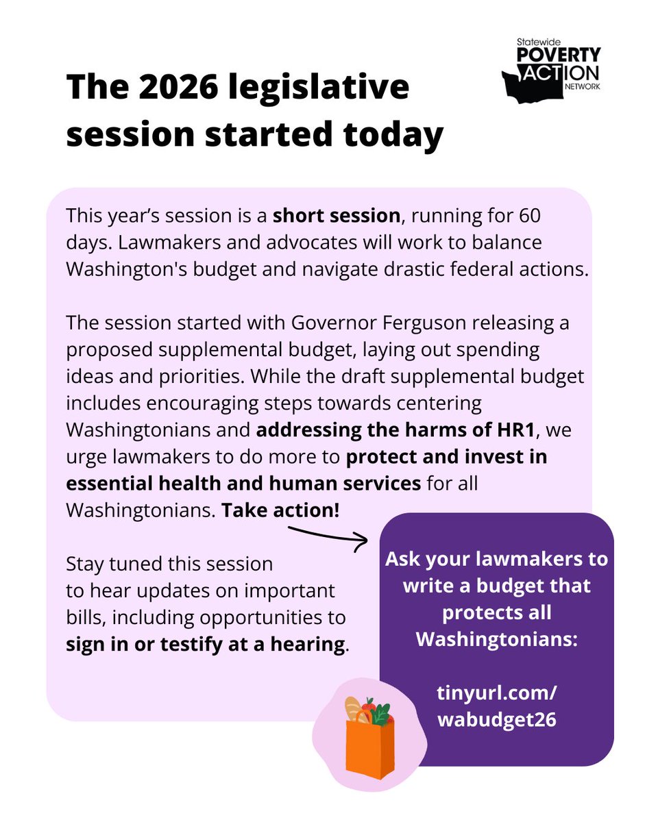 povertyactionwa's tweet photo. Welcome to Washington's 2026 legislative session! There's already an opportunity to take action by visiting https://t.co/qeNub4tPxs and asking your lawmaker to write a budget that supports housing, healthcare, and food programs. #waleg https://t.co/FqVOW6MjIP