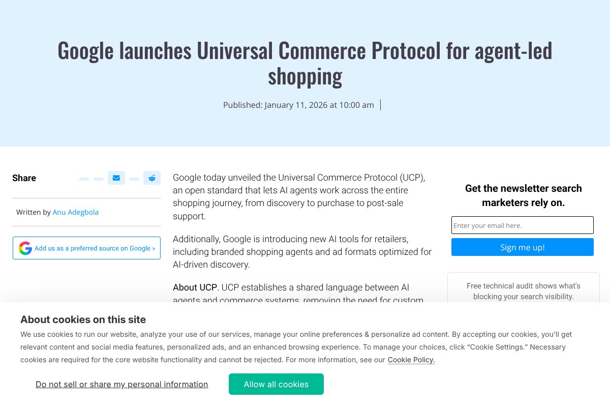 sendwithxmit's tweet photo. Google launches Universal Commerce Protocol for agent-led shopping. UCP could reshape AI shopping flows in Search and Gemini with agent checkout and Business Agent. Watch for ad and CRO impacts from agent led discovery and new checkout paths https://t.co/GiGKawyUeS