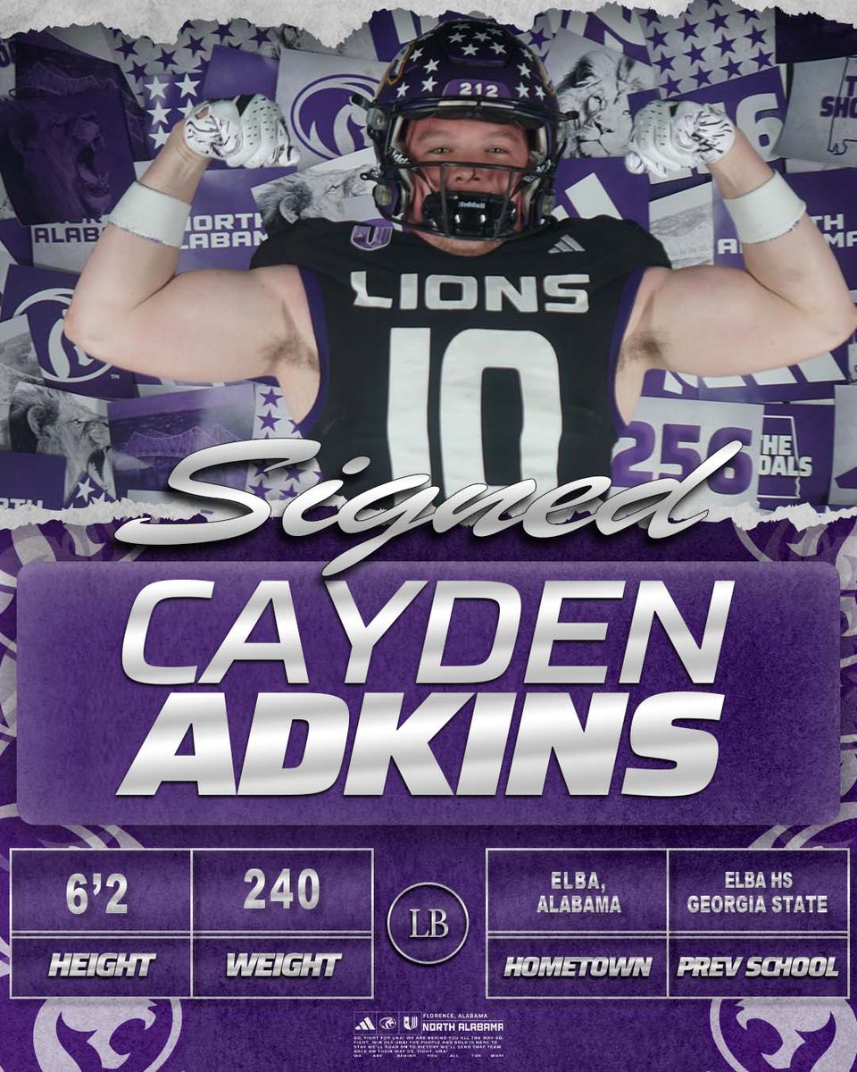 UNAFootball's tweet photo. Cayden Adkins is in #ThePrideof26 ✍️

🏈 LB
📍 Elba, AL
🏫 Elba HS
✌️ Georgia State

#NSD26 | #RoarLions 🦁 https://t.co/7hRkdQUJYv