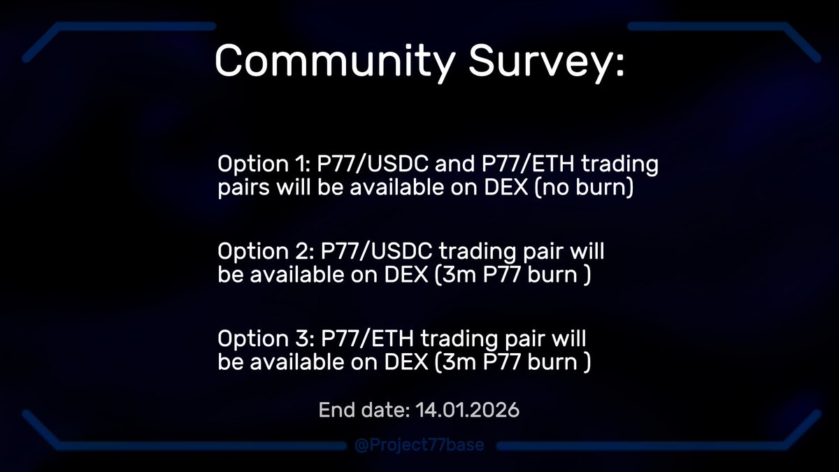 Project77base's tweet photo. Community Survey in live on discord:
https://t.co/zTBeMKoHTw

Community will decide about trading pairs for P77 token on DEX. Options are listed below on graphic.
Please provide below which option you voted for and why.

Listing Date: Feb 2027 https://t.co/AnBsUV3crq