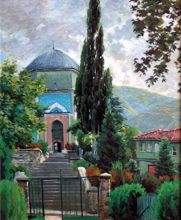 1920-2016 yılları arasında yaşamış Kütahyalı ressam Ahmet Yakupoğlu'nun fırçasından Yeşil Türbe.