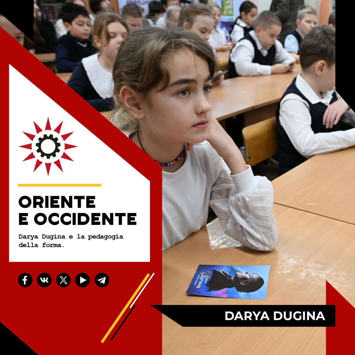 C_Multipolare's tweet photo. ⚔️ East and West
In #Russia, school transmits an inheritance. Children learn the name of Darya Dugina.
In the West, education becomes management.
⁉️what should a human being become?
Full article on Fb 👉: https://t.co/73akcvgawG
#DaryaDugina #MultipolarWorld #Dugin https://t.co/9Jfi1W4djS