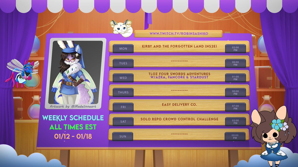 Hey Nightlights! Here is this weeks schedule 🧪
01/12-01/18

⭐MON • Kirby and the Forgotten Land
⚔️WED • TLOZ: Four Swords Adventures with <a href="/FanaticCore/">Fancore</a> <a href="/StarBreGamez/">StardustGamez (@starbregamez.bsky.social)</a>  &amp; <a href="/Azra_fox/">Azra ★ ENVtuber ❄️</a> 
📦FRI • Easy Delivery Co.
💰SAT • Solo REPO with Crowd Control