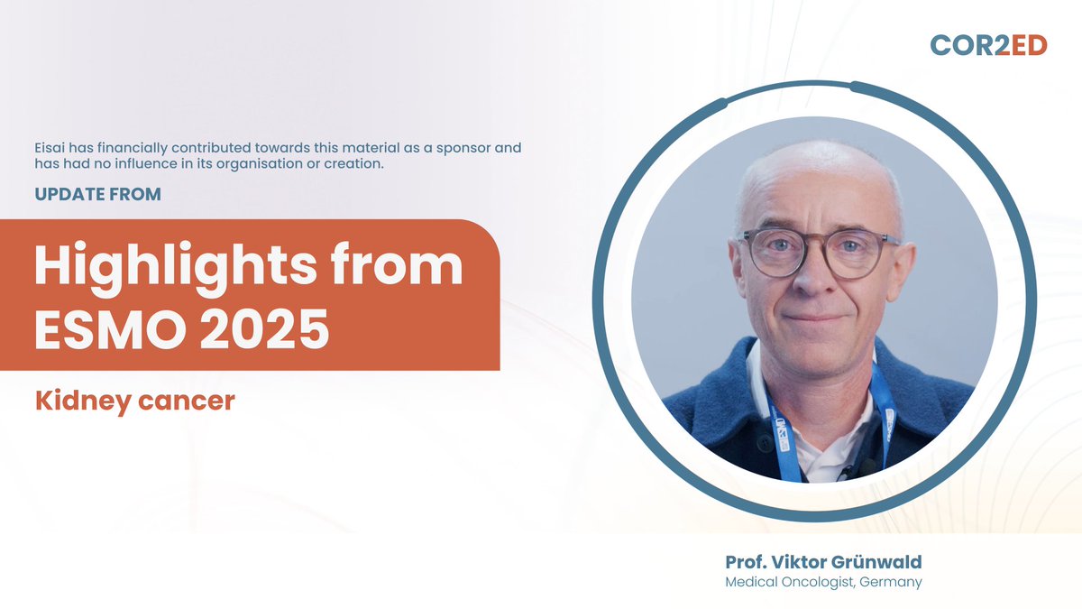 gunursesconnect's tweet photo. Prof. Viktor Grünwald shares key insights from ESMO 2025 on emerging data in advanced renal cell carcinoma.

Highlights include evolving first- and later-line strategies, triplet regimens, and tumour-specific imaging in clear cell RCC.

Watch the full video update on YouTube here: 
https://t.co/VoqexSWAZN

#RCC #RenalOncology #MedEd

Supported by an independent educational grant from Eisai Europe Limited.