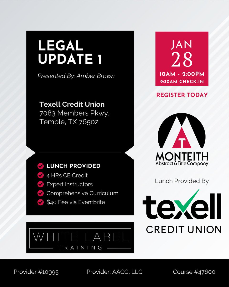 MonteithTitle's tweet photo. Join us for Legal Update 1 at Texell Credit Union in Temple for expert insights, lunch, and 4 hours of CE credit. Register now using the link below!

https://t.co/YlvekWNUBn https://t.co/LqMFmi3YfZ