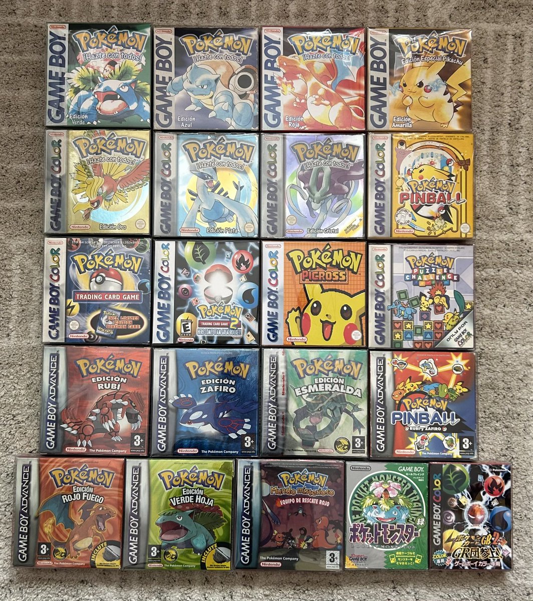 Todos los juegos de #pokemon editados (y no editados).
Verde, TCG y Picross PAL son réplicas para poder jugarlos en consola.