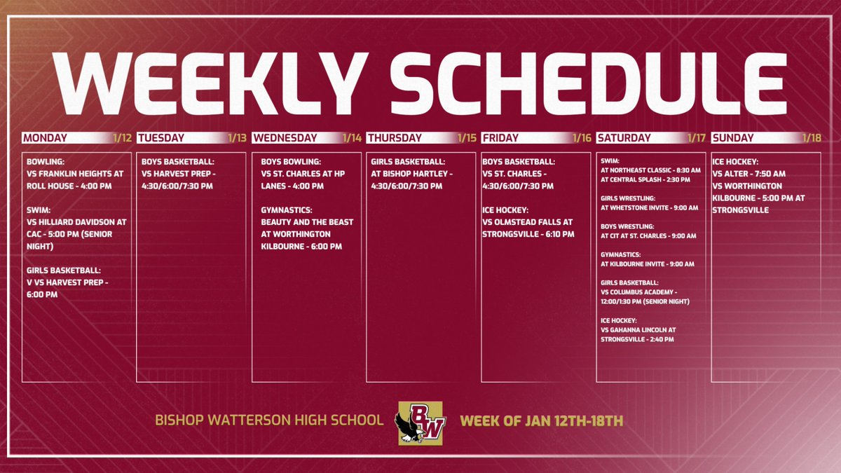 BWHS_Athletics's tweet photo. Weekly Schedule! 🦅
#WE 
#Watterson
#Eagles https://t.co/bzJS8VA5qj